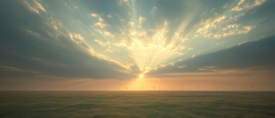 Wind turbines stand silhouetted against radiating sunlight amidst fields, illustrating alternative energy power generation.