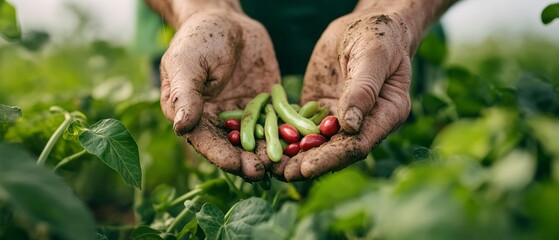 Farmer presents harvest of red and green beans in soil-stained hands, showcasing agriculture's bounty.