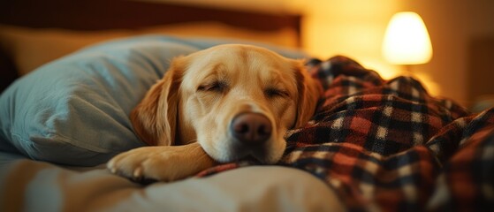 Golden retriever sleeps soundly under plaid blanket on comfortable bed.
