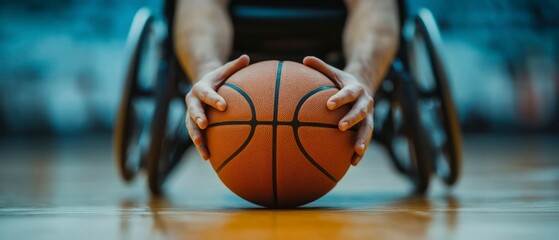 Disabled basketball player holds basketball with both hands, ready for action.