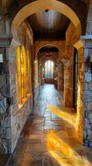Fototapeta premium castle-inspired hallway with butter yellow light filtering through stained glass, rustic floor, stone archways