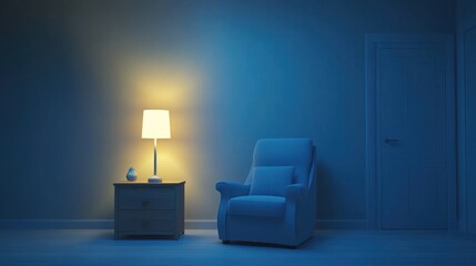 Peaceful, dimly lit room with a reading chair and lamp.