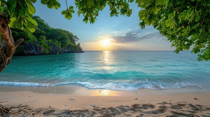 Tranquil beach at sunrise, lush greenery framing the scene.