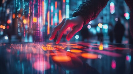 Interactive data visualization on a futuristic city backdrop. A hand interacts with glowing data on a large touchscreen, set against a vibrant urban cityscape with dynamic displays of information