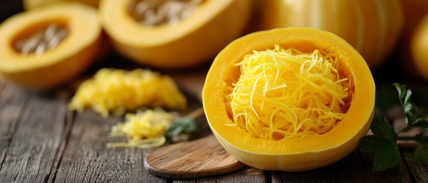 Spaghetti squash halved shows its stringy flesh on rustic wood, suggesting fresh, organic fare.