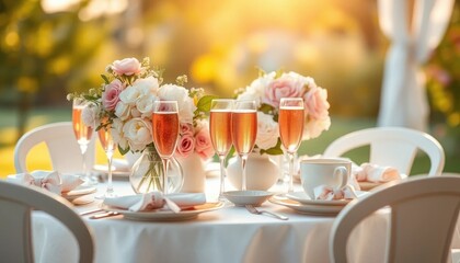 Elegant outdoor celebration with ros? champagne, floral centerpiece and idyllic backdrop for a special occasion