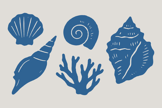 Blue seashells coral naive cutout style