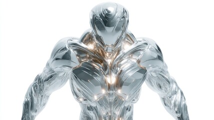 Futuristic Metallic Humanoid Sculpture with Reflective Surface and Muscular Design for Technolo