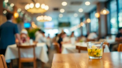A Refreshing Dessert on a Wooden Table in a Busy Restaurant