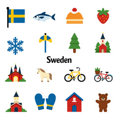 Vector set of colorful Swedish icons featuring flag, kanelbulle, Dala horse, and midsummer