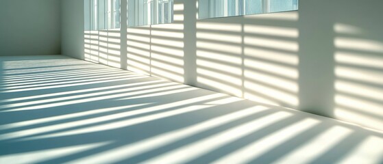 Empty room showcases interplay sunlight through window blinds, creating geometric shadow patterns enhancing architectural minimalism.