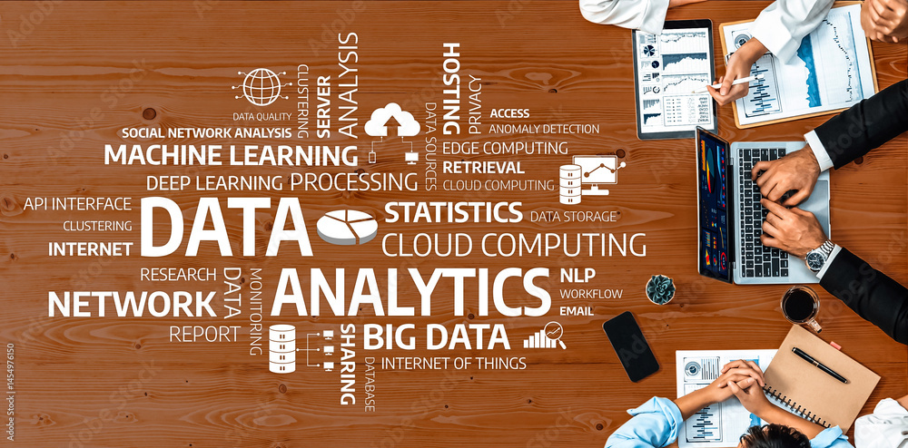 Poster Explore the intersection of analytics and data analysis through machine learning and cloud computing concepts illustrated on a stylish wooden desk setup. Amity