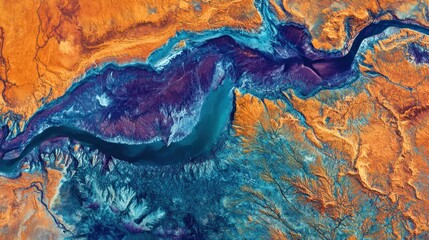 Aerial view of a river flowing through arid landscape.  Use Background image, geography