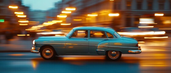 Classic blue sedan travels rapidly through blurred urban landscape at night creating strong sense of speed.