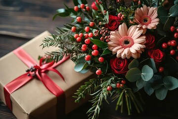 A bouquet of mixed flowers with red and pink accents placed next to a gift box