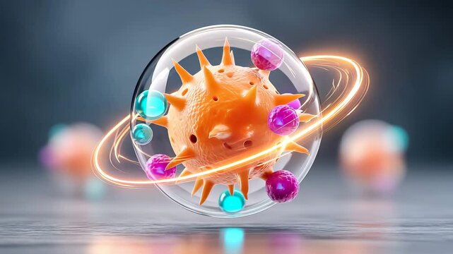 Colorful atomic structure with orbiting particles.
