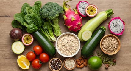 Variety of Fresh Vegetables and Grains on Wooden Surface