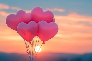 Fototapeta premium A bunch of pink heart balloons tied together, set against a dreamy sunset