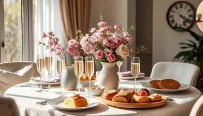Elegant Brunch Setting with Sparkling Wine and Floral Accents in Natural Light