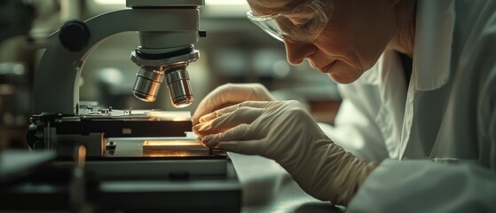Researcher examines specimen under microscope, revealing focused attention and analytical rigor in scientific pursuit.