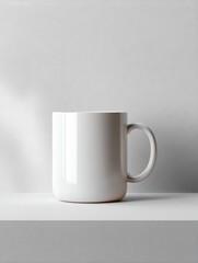 Obraz premium Simple White Coffee Mug on White Surface, Minimalist Style, Morning Ritual