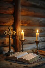 Crosses and candles near Bible in rustic wooden interior. Faith and contemplation concept