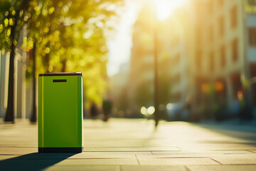Bright green public waste bin on a sunny city sidewalk