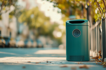Modern green public waste bin on a city sidewalk