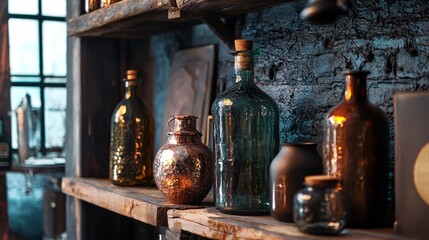 Old apothecary shelf with vintage glass bottles and herbal jars