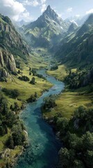 Obraz premium Majestic mountain landscape with winding river flowing through lush green valley during daytime