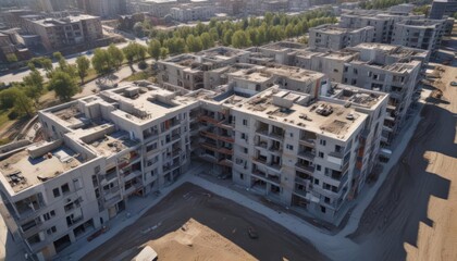 Fototapeta premium Aerial view of modern apartment complex construction , urban, excavator