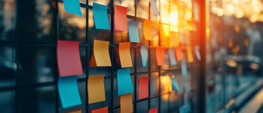 Sticky notes attach to wire mesh board, representing ideas in organized fashion.