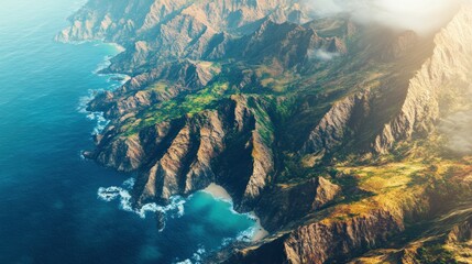 Aerial view of coastal mountains, ocean, beach; travel brochure