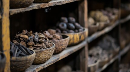 Assorted dried mushrooms and spices in baskets on wooden shelves