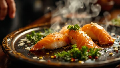 Freshly prepared salmon nigiri sushi steaming on a dark plate with garnishes. Japanese cuisine delicacy, healthy food concept, restaurant menu.