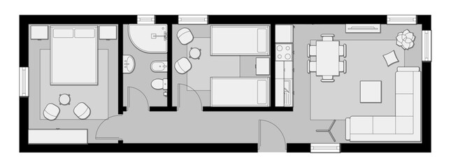 Floor plan of a modern apartment with two bedroom, bathroom and living area.