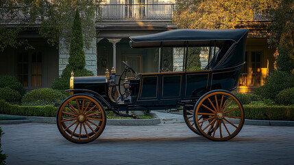 1900 elegant carriage parked in front of manor.