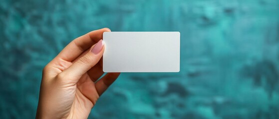 Caucasian hand holds blank business card, presenting it against an aqua textured background.