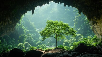 Lush green cave opening to a vibrant jungle
