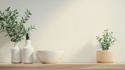 Fototapeta premium Minimalist white decor with green plant and neutral ceramic tableware