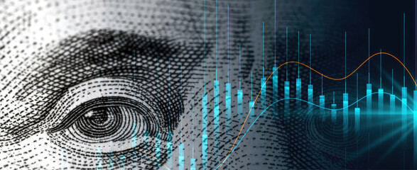 Charts and eye of Benjamin Franklin of US Dollar Bill. Concept of economy finance economic crisis stock market inflation wealth.