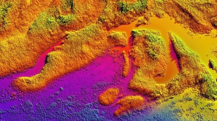 Aerial view of colorful terrain, water bodies, and landforms. Use Geography, education