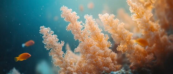 Anthias fish swims near soft coral in ocean reef demonstrating aquatic biodiversity.