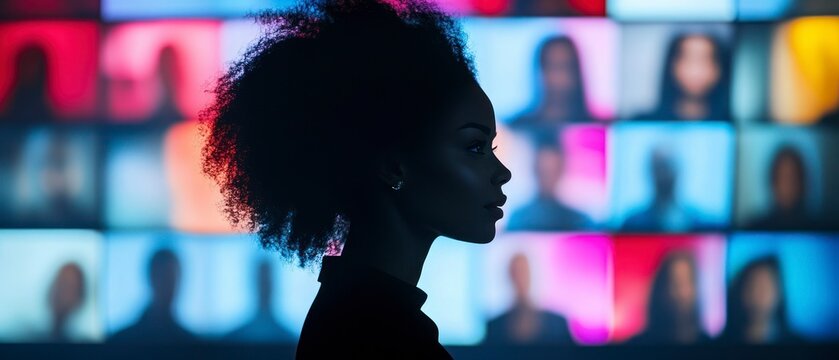 Black woman watches virtual conference shown on large screen, observing diverse faces in network.