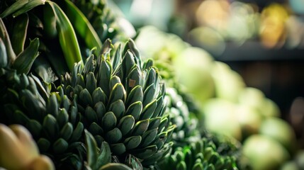 Fototapeta premium Artichokes and green produce stacked at fresh grocery vegetable stall