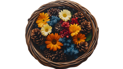 Autumn floral arrangement in a wicker basket fall colors top view
