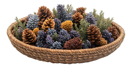 Autumnal Pine Cone and Flower Arrangement in Wicker Basket