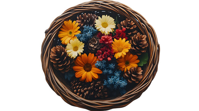 Autumn floral arrangement in a wicker basket fall colors top view