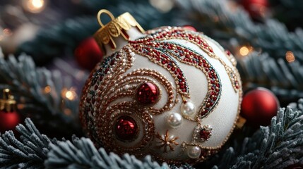 Ornate Christmas ornament nestled amongst evergreen boughs.