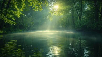 Sunlight streams through a tranquil forest, illuminating a misty river. Lush green foliage surrounds the still water.
